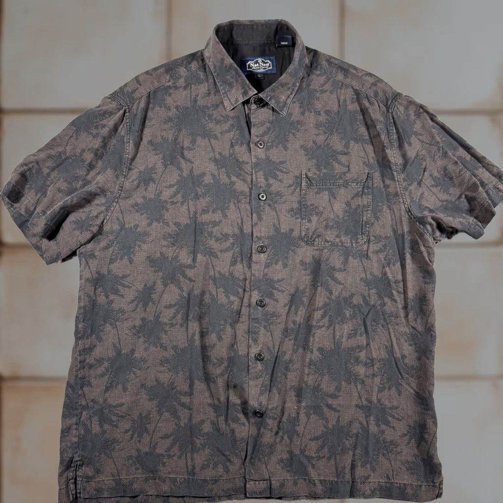 Nat Nast Nat Nast Button Up Shirt Mens Large Grey Silk Cotton Palm Tree Tropical S/S Size US L / EU 52-54 / 3 - 1 Thumbnail