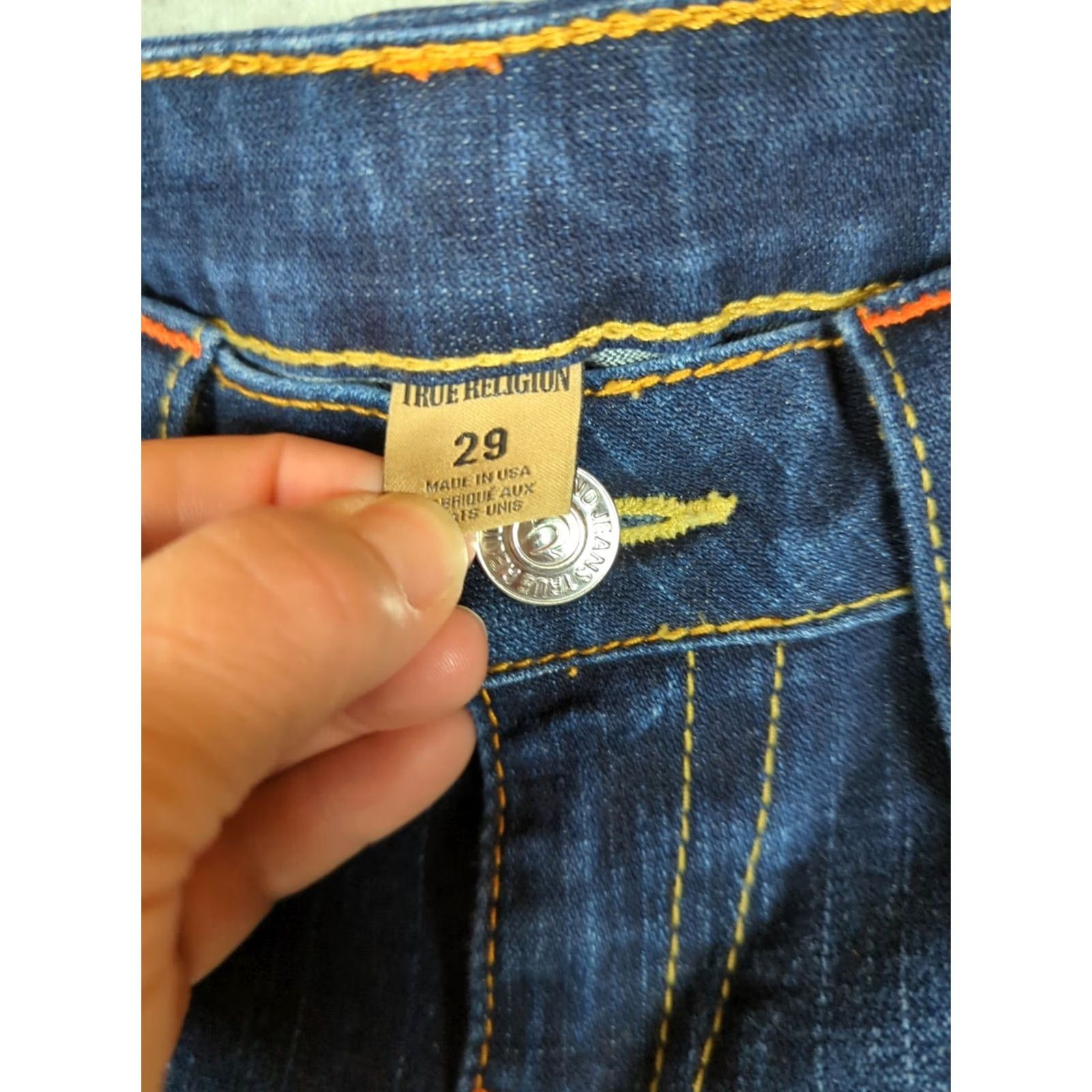 True Religion VINTAGE True Religion Jeans 5-Pocket Regular Bootcut Blue Women 29 Dark Wash Cotton Elastane Belt Loops Zip Pocket Design American Theme Size 29" - 5 Thumbnail