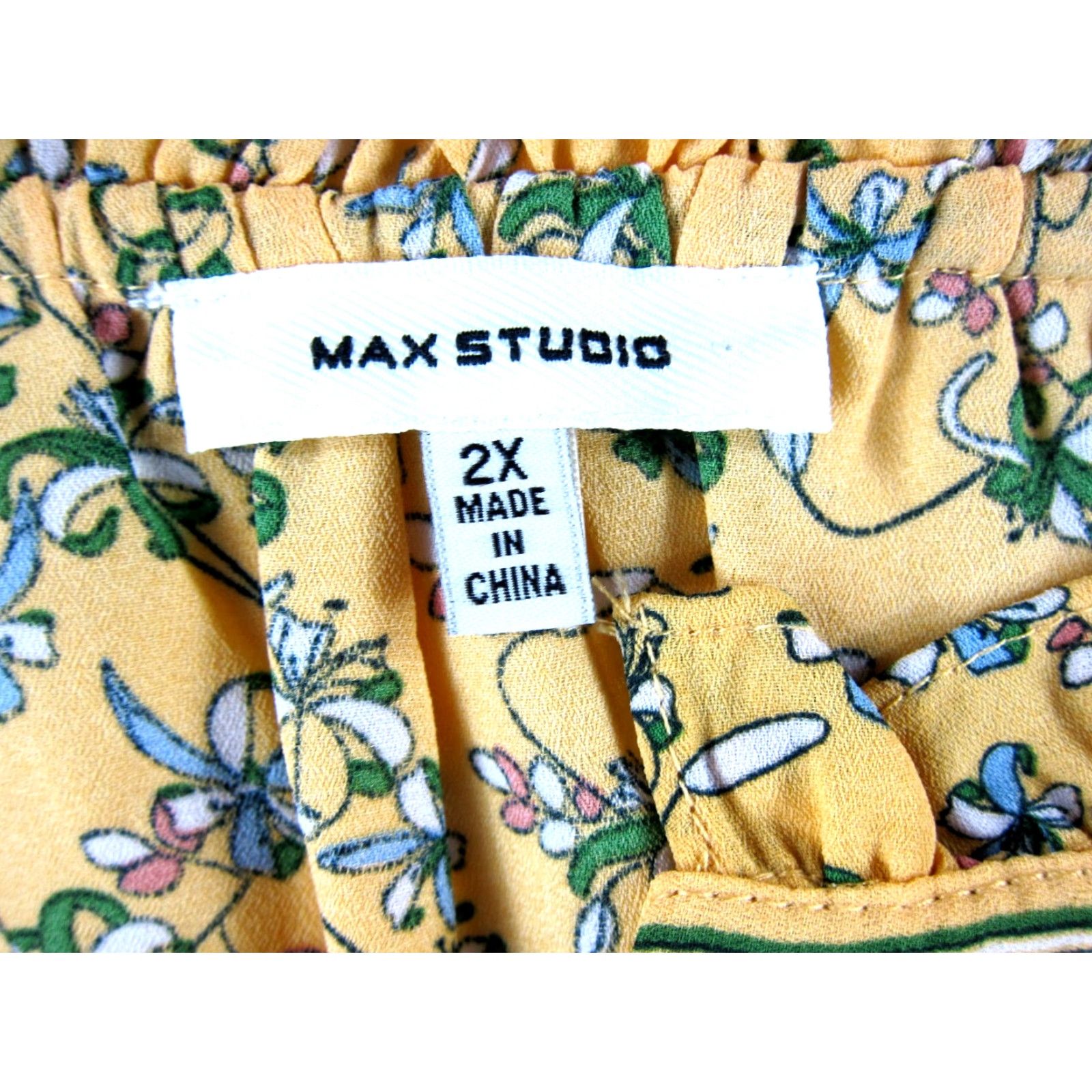 Vintage Max Studio Blouse Shirt Women 2X Yellow Green Blue Floral Ruffle Neck Short Sleeve Casual Polyester 100% 2X Womens Size XXL / US 16-18 / IT 52-54 - 3 Thumbnail