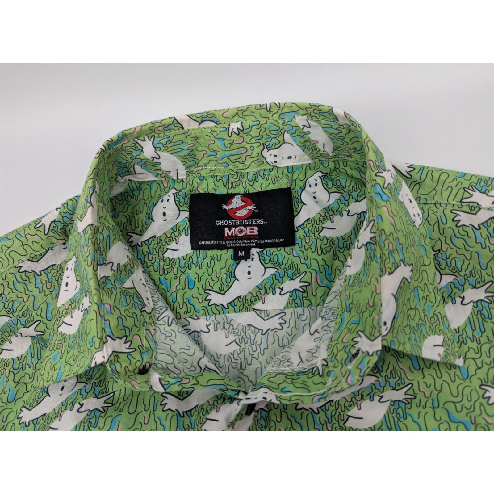 Vintage Middle of Beyond Ghostbusters Button-Up Shirt Men's M Green Graphic Print Cotton Short Sleeve Casual Trimmed Collar Mens Size US M / EU 48-50 / 2 - 6 Thumbnail