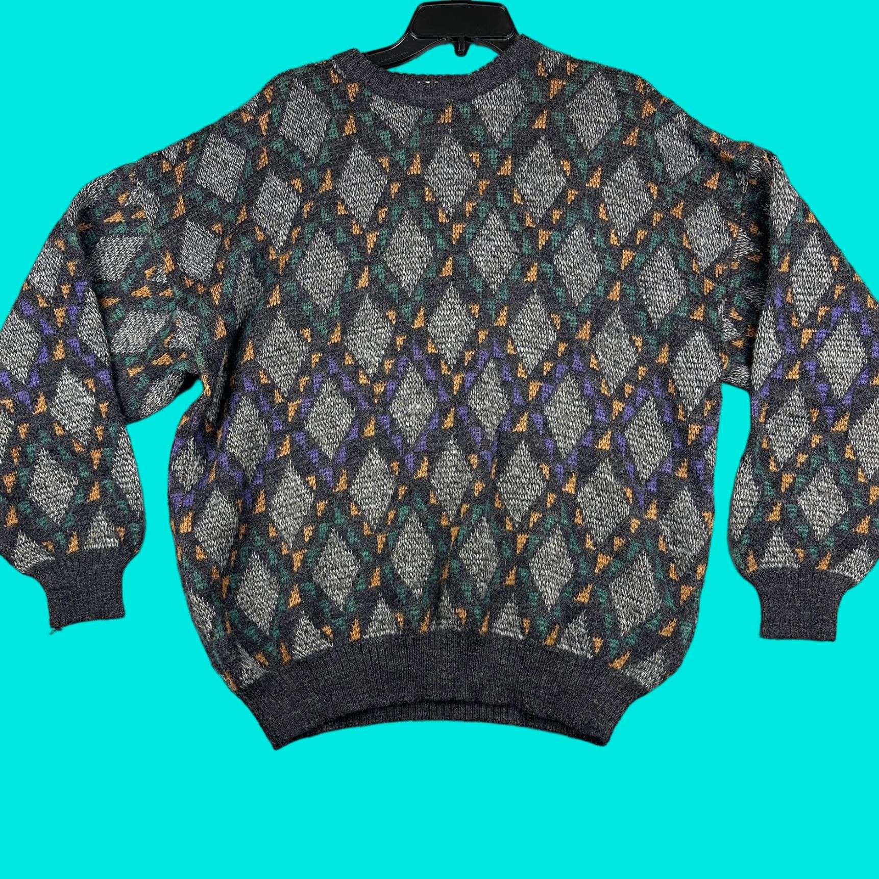 VINTAGE Gala by Daniele Vignozzi Mens Sweater Crewneck Argyle Knit Wool Blend Gray L