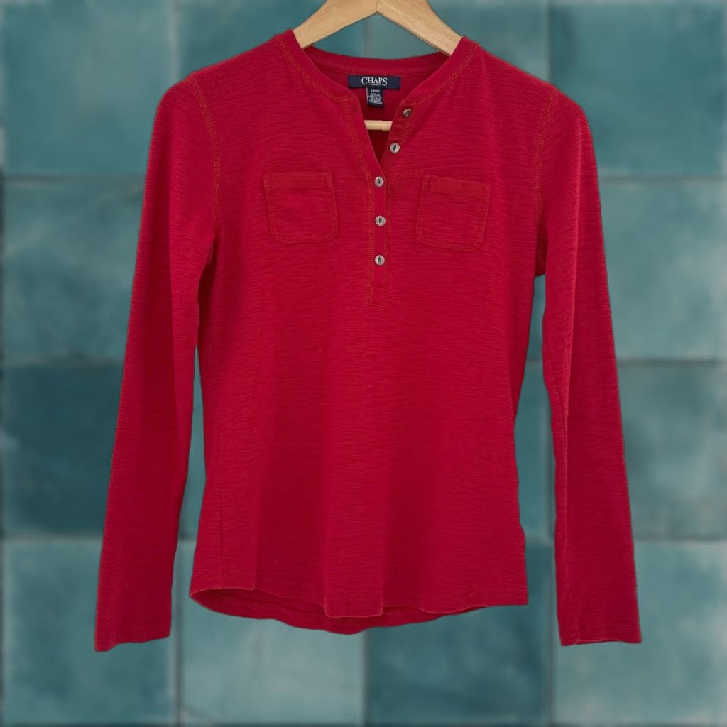 Chaps Chaps Women's Red Cotton Henley Shirt Long Sleeve Pockets Sz Sm Preppy Shirt Size S / US 4 / IT 40 - 1 Thumbnail