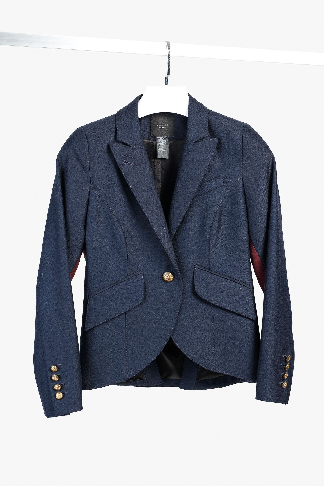SMYTHE Smythe Navy Wool One Button Burgundy Tux Stripe Blazer Size XS / US 0-2 / IT 36-38 - 1 Thumbnail