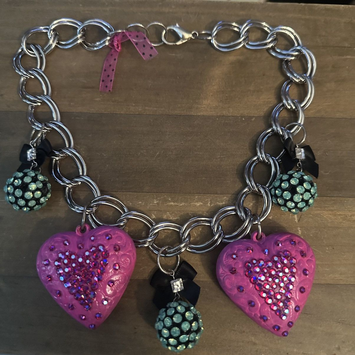 Other Chunky silver tone pink puffed rhinestone heart necklace Size ONE SIZE - 3 Thumbnail