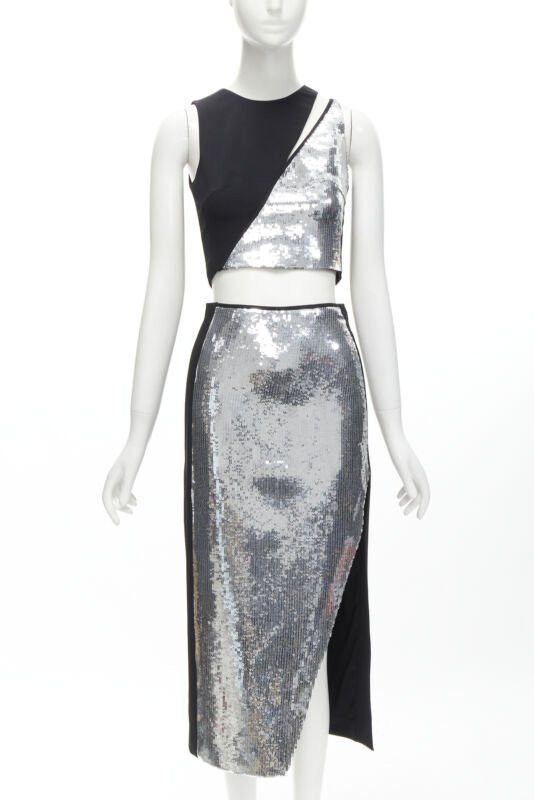 Other DAVID KOMA silver sequins midriff crop top asymmetric high slit skirt set UK6 XS Size XS / US 0-2 / IT 36-38 - 1 Thumbnail