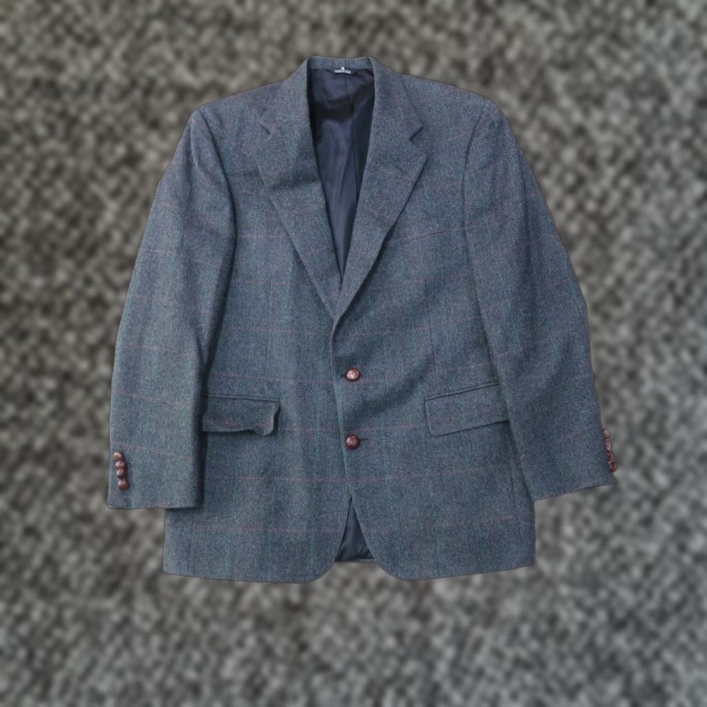 VINTAGE Chaps Ralph Lauren Blazer 40 Plaid Gray Wool 2 Button Single-Breasted Notch Lapel Mens