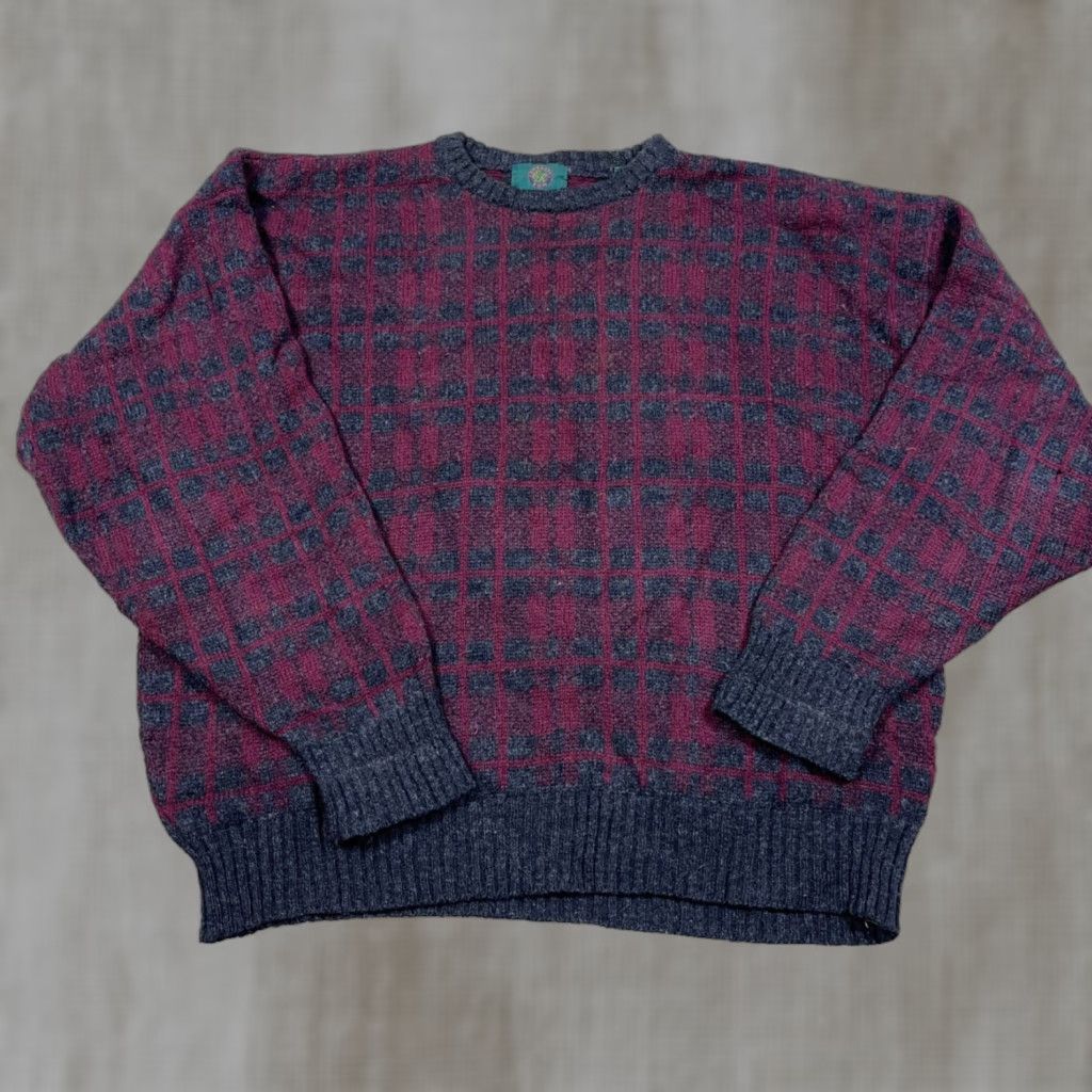 Vintage VINTAGE Grandpa Sweater Men XL Red Gray Wool Chunky Knit Geometric Plaid 90s EMBASSY ROW Pullover Crew Neck Size US XL / EU 56 / 4 - 1 Thumbnail