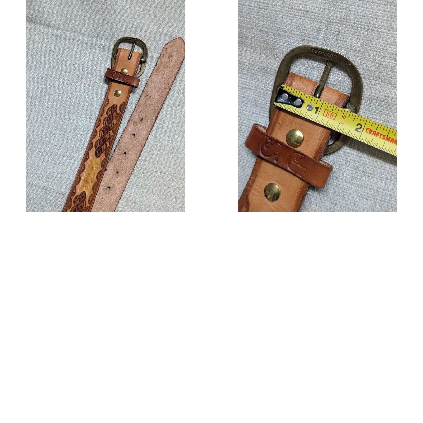 Vintage VINTAGE HANDCRAFTED belt TOOLED cowhide 40 brown WESTERN geometric brass Size 40 - 9 Thumbnail