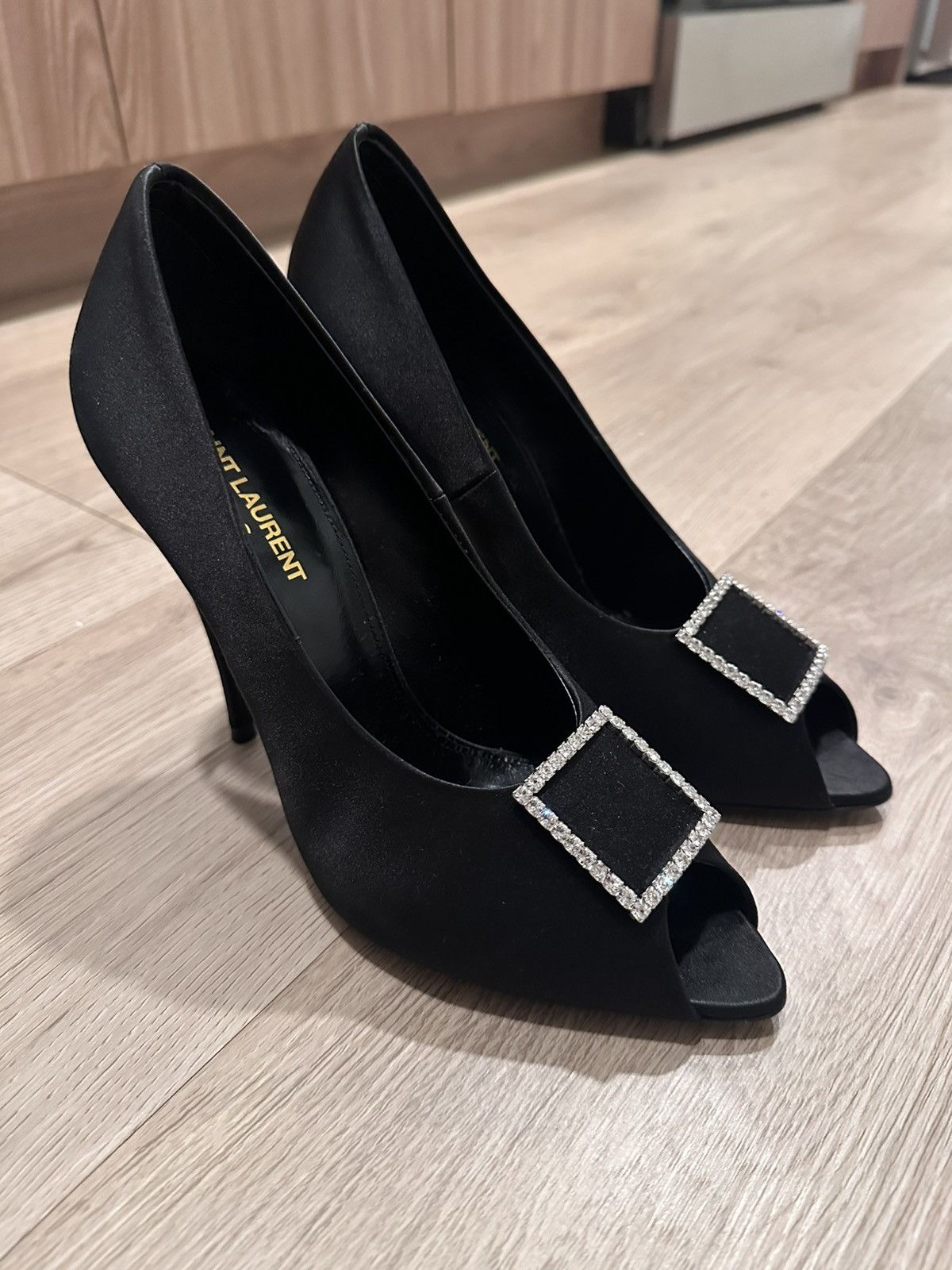 Saint Laurent Paris Franky Crystal Buckle Peep Toe Pump Size US 10.5 / IT 40.5 - 1 Thumbnail