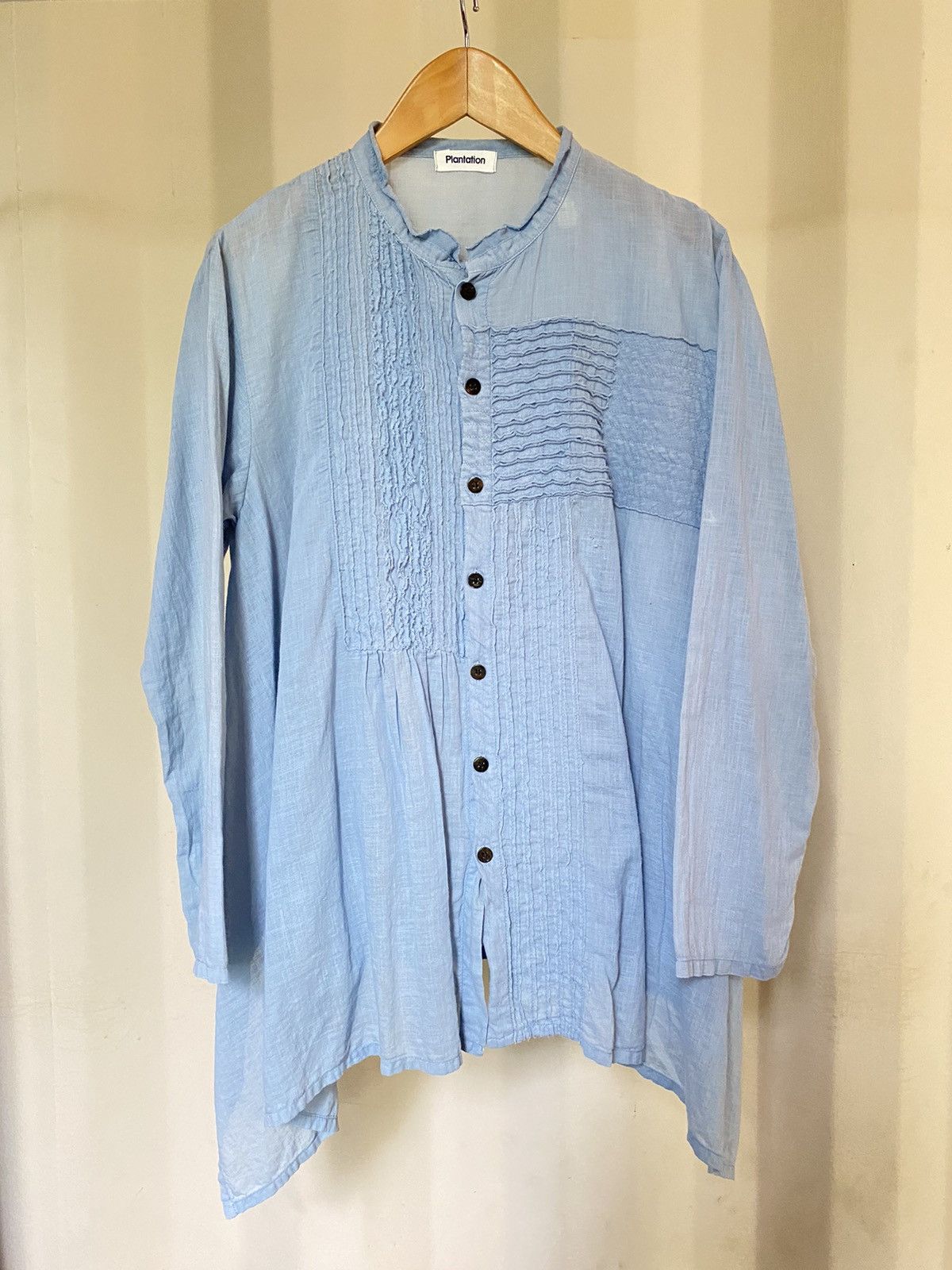 Issey Miyake Plantation Light Blue Pintuck Mandarin Collar Shirt Size ONE SIZE - 19 Thumbnail