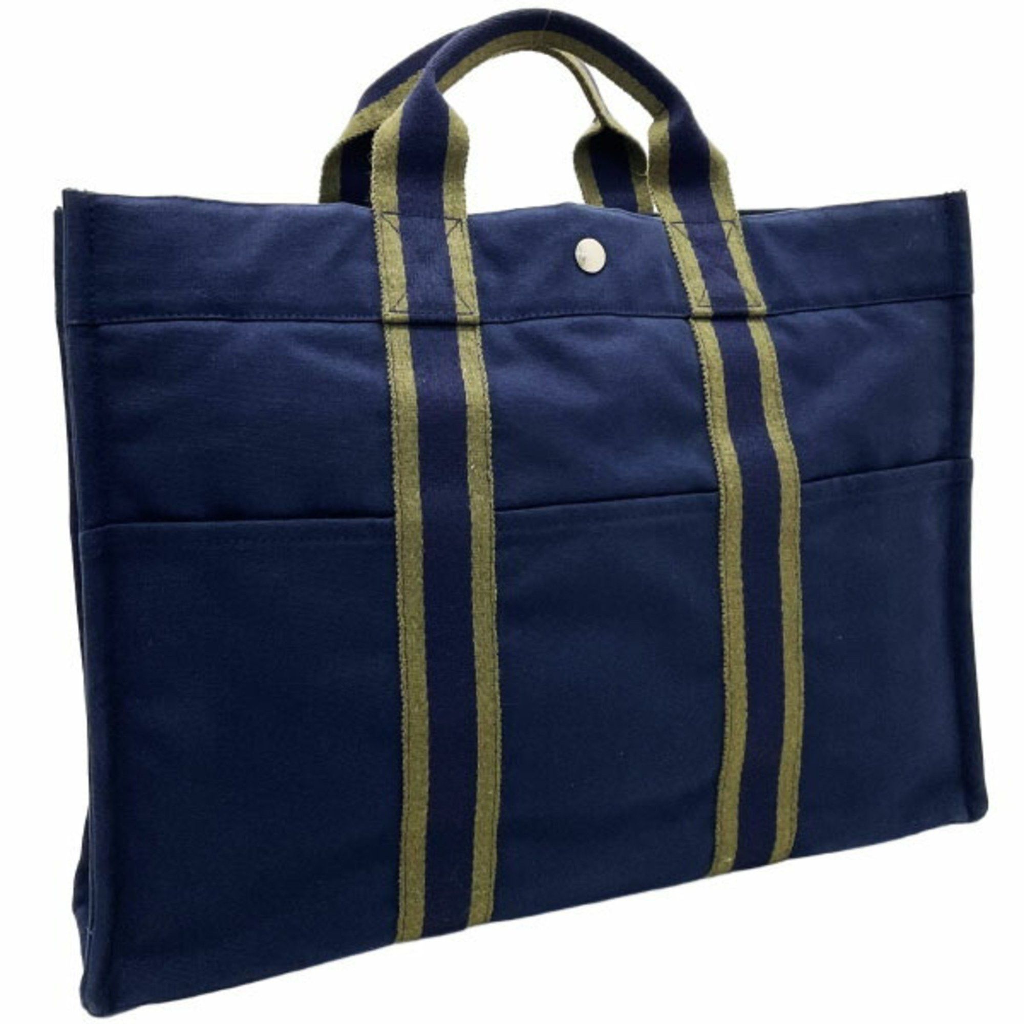 Hermes Hermes Tote Bag Foule MM Canvas Navy Khaki Green Bicolor Handbag Men Women Unisex AHN-13595 Size ONE SIZE - 1 Thumbnail