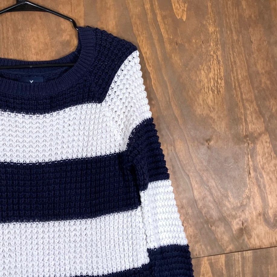 American Eagle Outfitters American Eagle Womens Sweater White Navy Striped Open Knit 100% Cotton Small Size S / US 4 / IT 40 - 5 Thumbnail