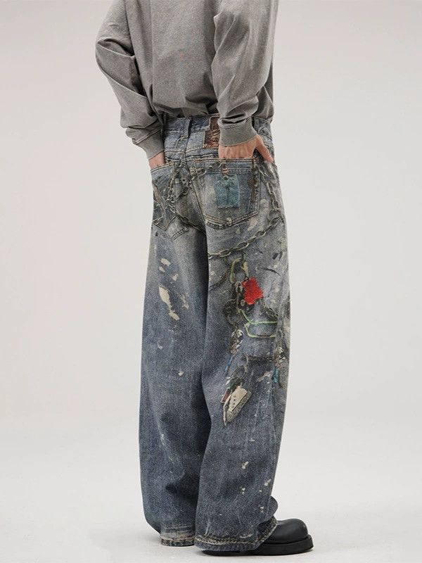 Vintage Men's loose distressed straight digital printed jeans Size US 32 / EU 48 - 4 Thumbnail