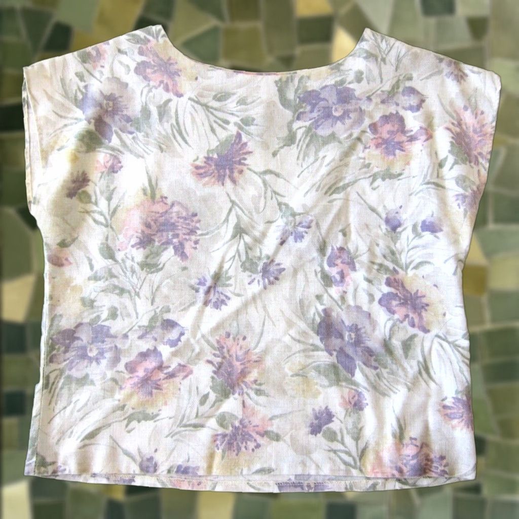 FLAX VINTAGE Ann Hill Flax Ivory Purple Green Floral Boxy Lagenlook Tunic Blouse PL Size L / US 10 / IT 46 - 1 Thumbnail