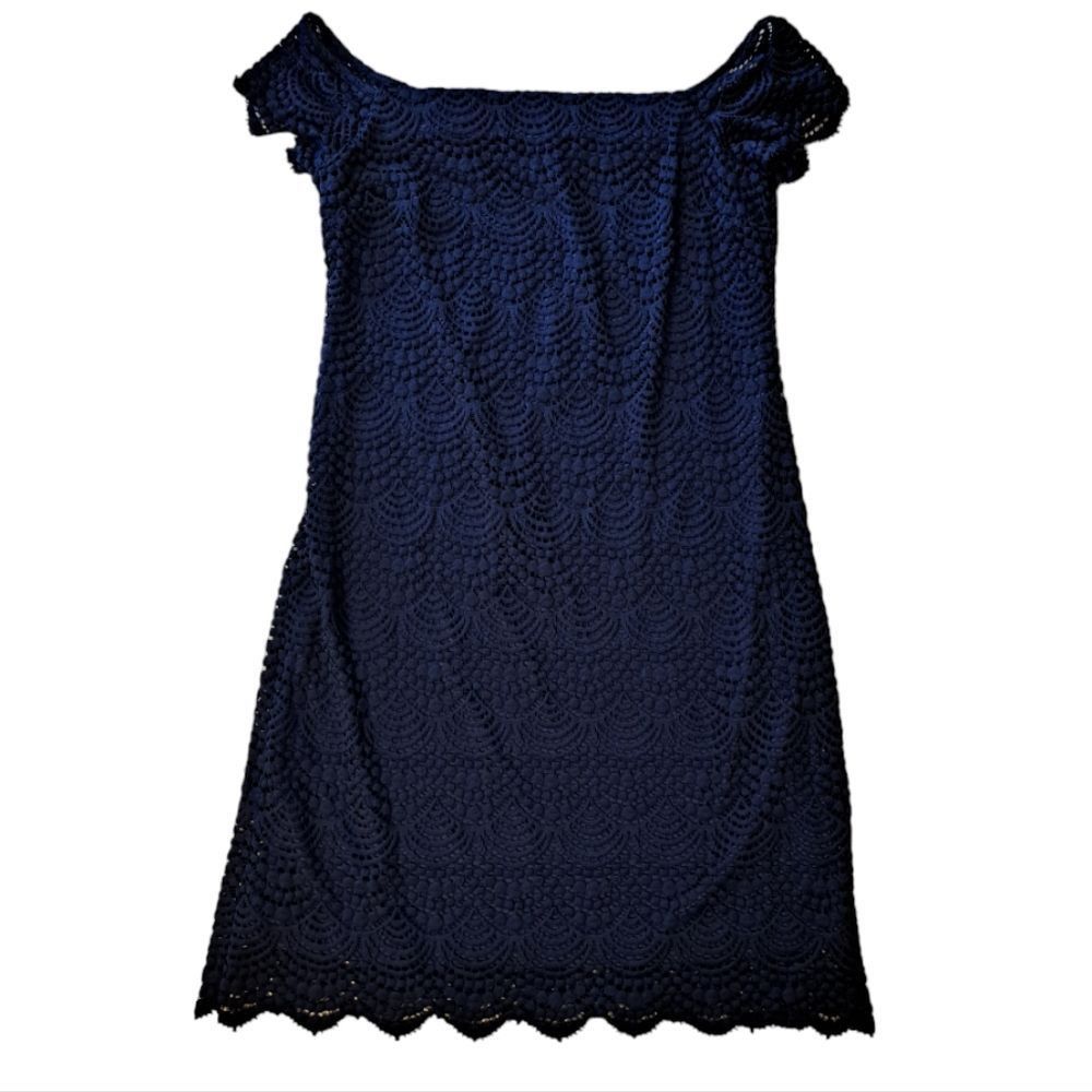 image of Lilly Pulitzer Scalloped Shell Lace Jade Off Shoulder Dres T in Blue, Women's (Size Medium)