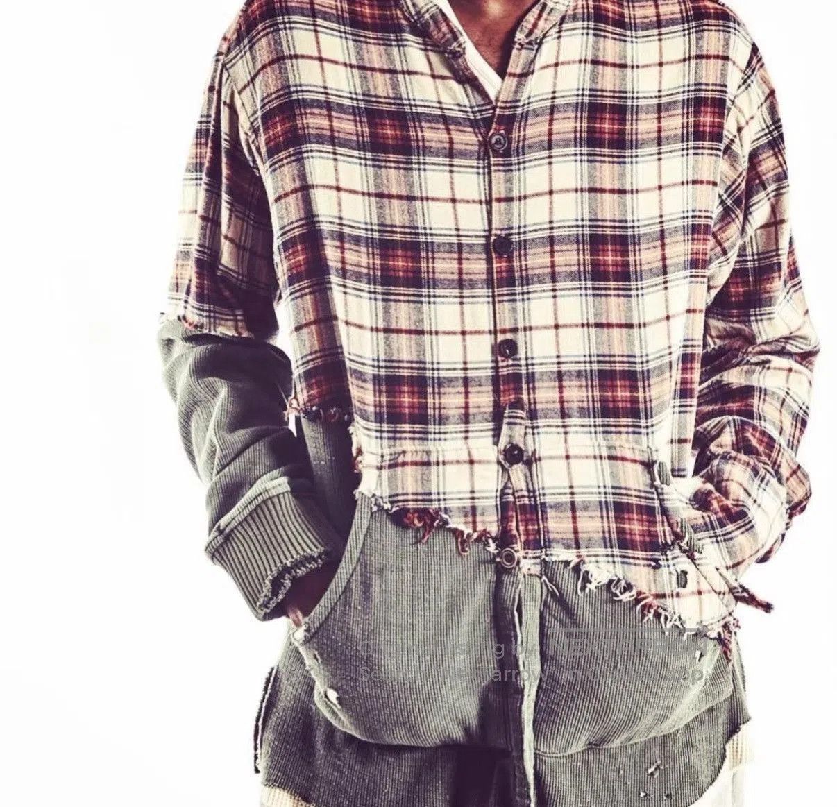 Greg Lauren Red Plaid Patchwork Long Sleeve Button Up. Size US M / EU 48-50 / 2 - 7 Thumbnail