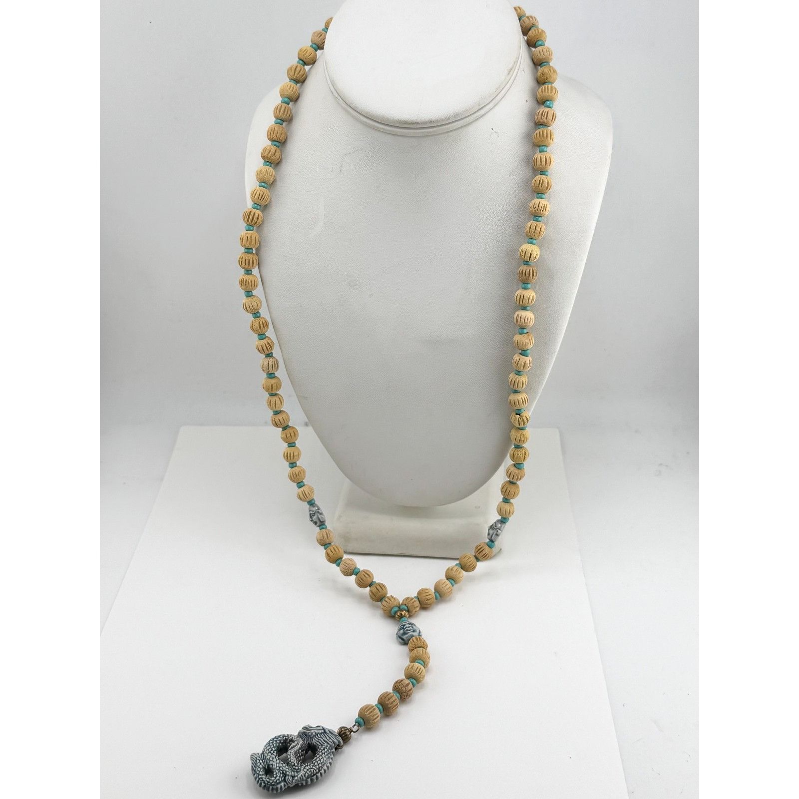 Vintage Vintage wood bead porcelain dragon serpent long pendant neck Size ONE SIZE - 4 Thumbnail