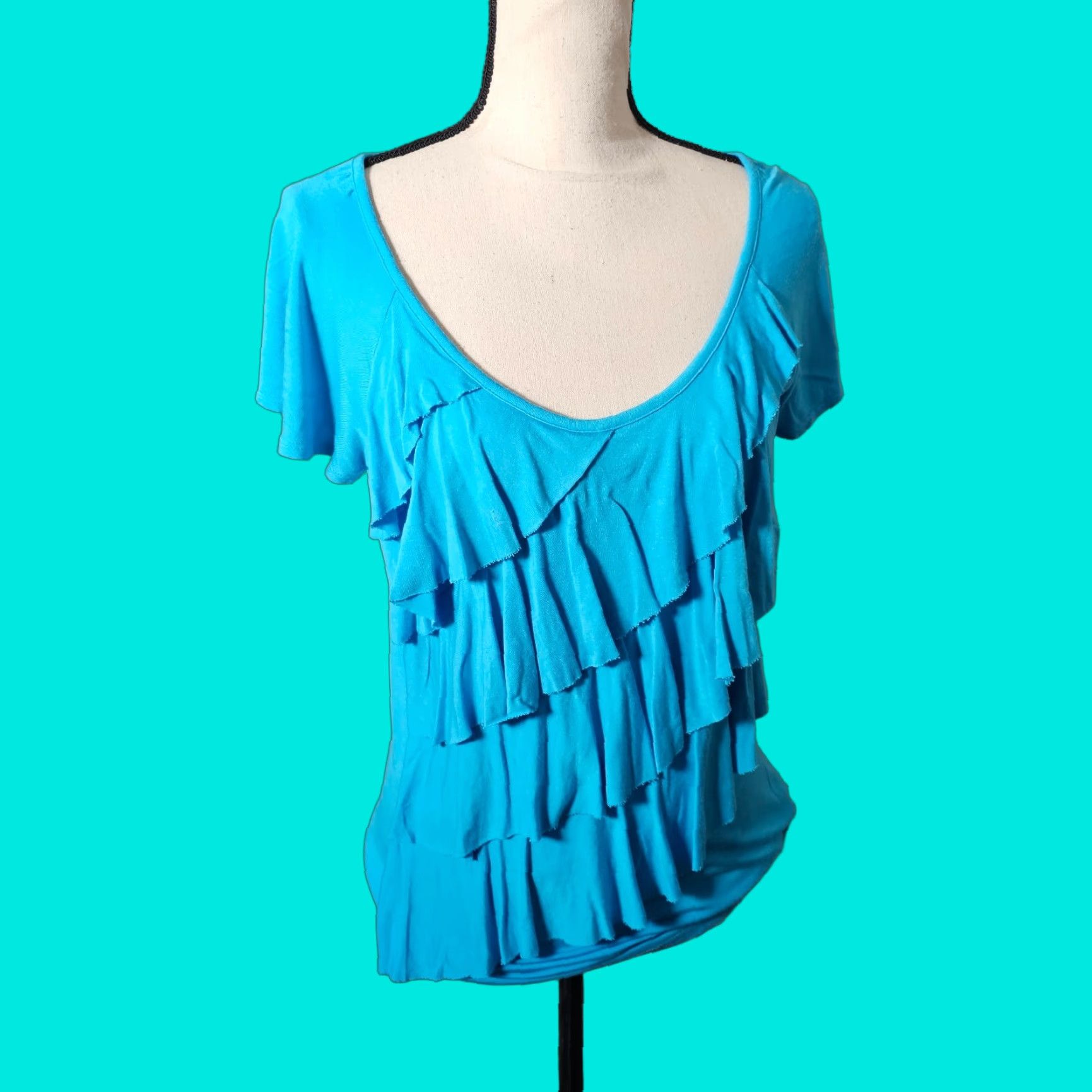 Nicole Miller VINTAGE Nicole Miller Women's Blouse Short Sleeve Ruffled Front Casual Blue Small S Size S / US 4 / IT 40 - 1 Thumbnail