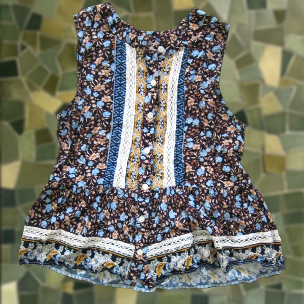 Anthropologie Blue Tassel Anthropologie Blouse Sleeveless Tunic S Blue Floral Rayon Size S / US 4 / IT 40 - 1 Thumbnail