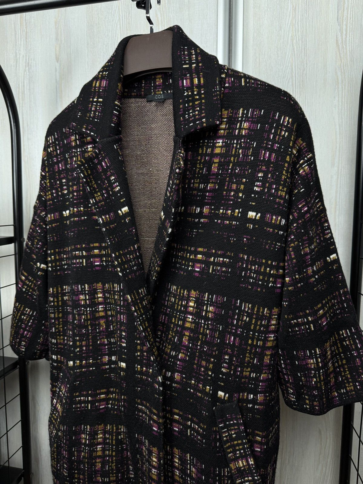 Cos COS Wool Knit Long Cardigan Coat Geo Plaid Button Pockets Size L / US 10 / IT 46 - 4 Thumbnail