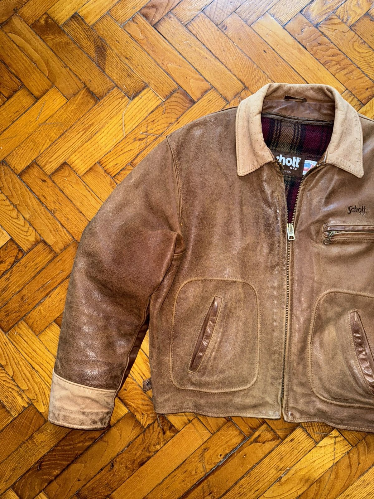 Schott Sunfaded brown leather Steerhide Schott mod. 133 highwayman Size US XXL / EU 58 / 5 - 3 Thumbnail