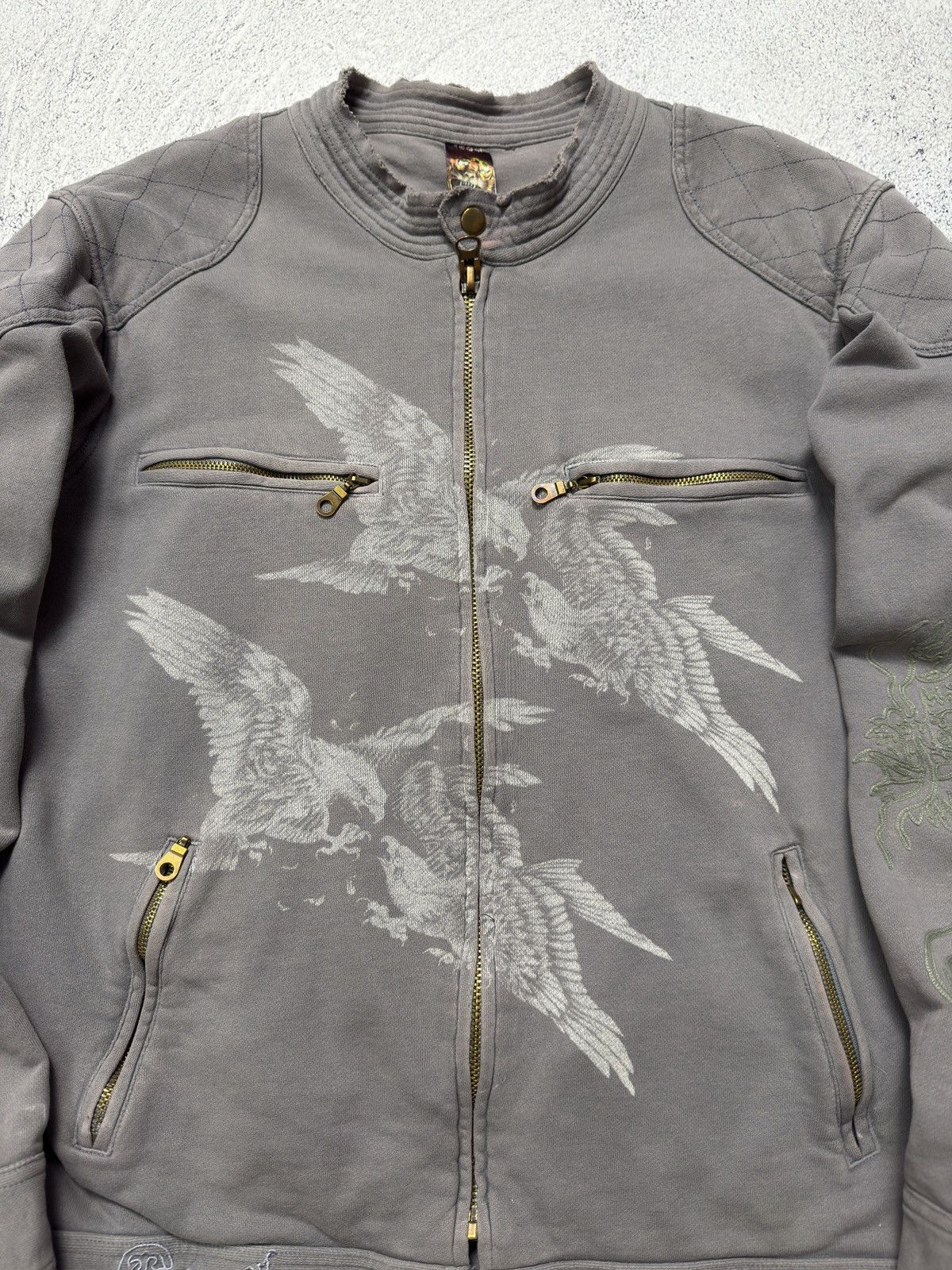 Ed Hardy Ed Hardy Distressed Cotton Motorcycle Jacket Size US L / EU 52-54 / 3 - 15 Thumbnail