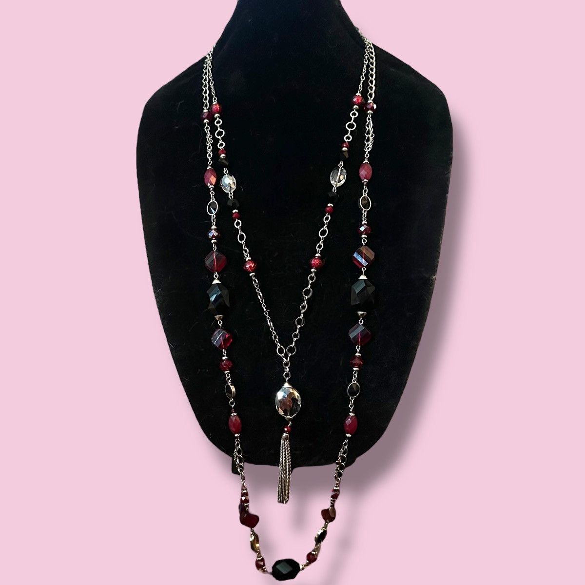 White House Black Market WHBM silver tone layered station glass bead tassel necklace Size ONE SIZE - 1 Thumbnail