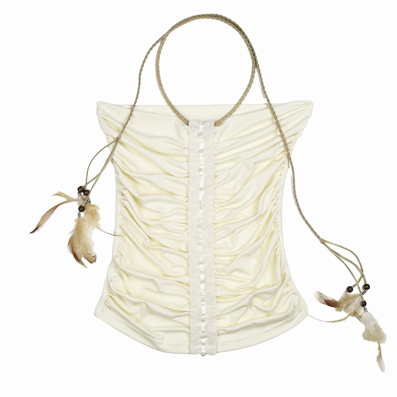 Japanese Brand Y2K Boho Floral Ruched Halter Top with Feather details Size M / US 6-8 / IT 42-44 - 8 Thumbnail