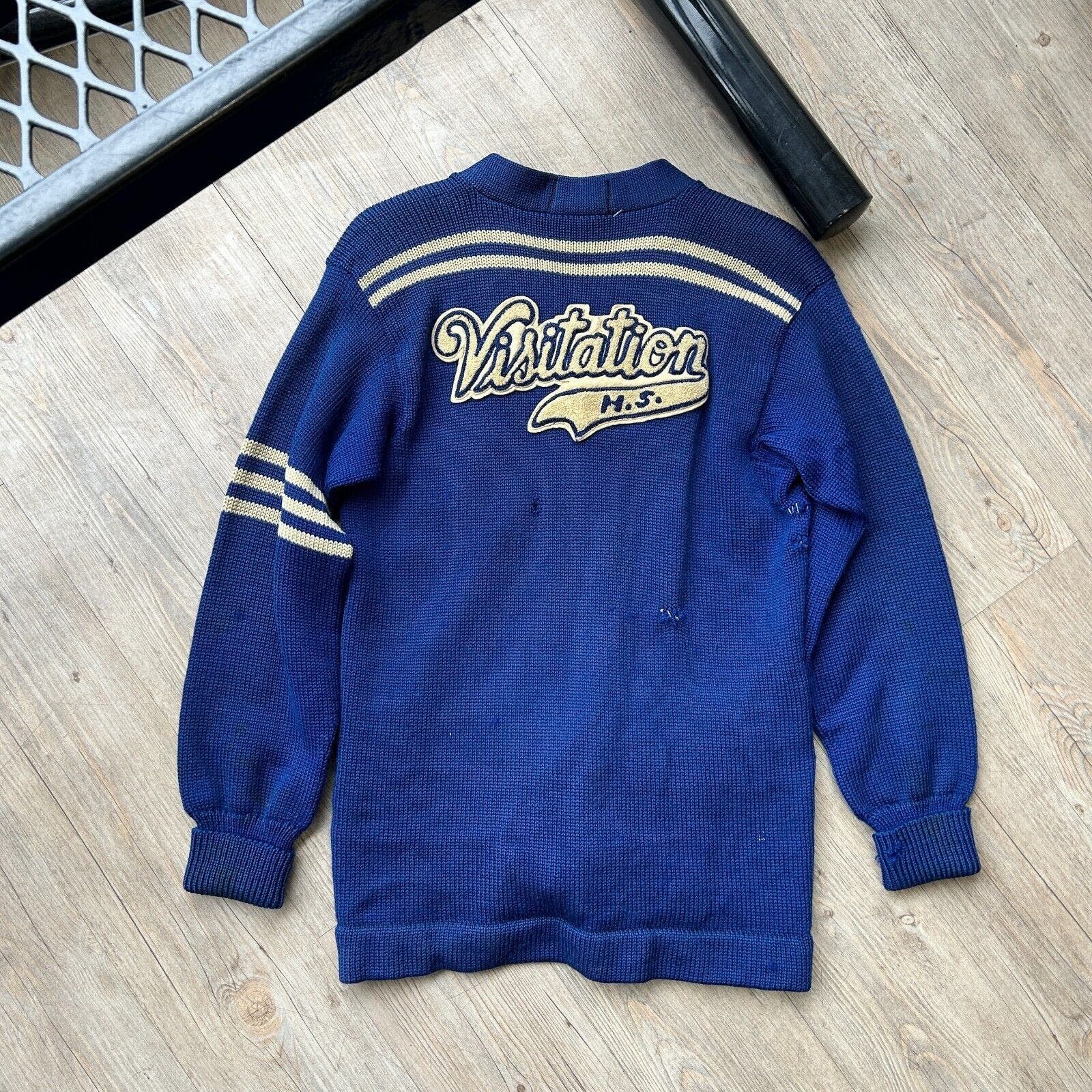 image of Vintage 60S | Englewool Varsity Wool Knit Cardigan Sweater in Blue, Men's (Size Medium)
