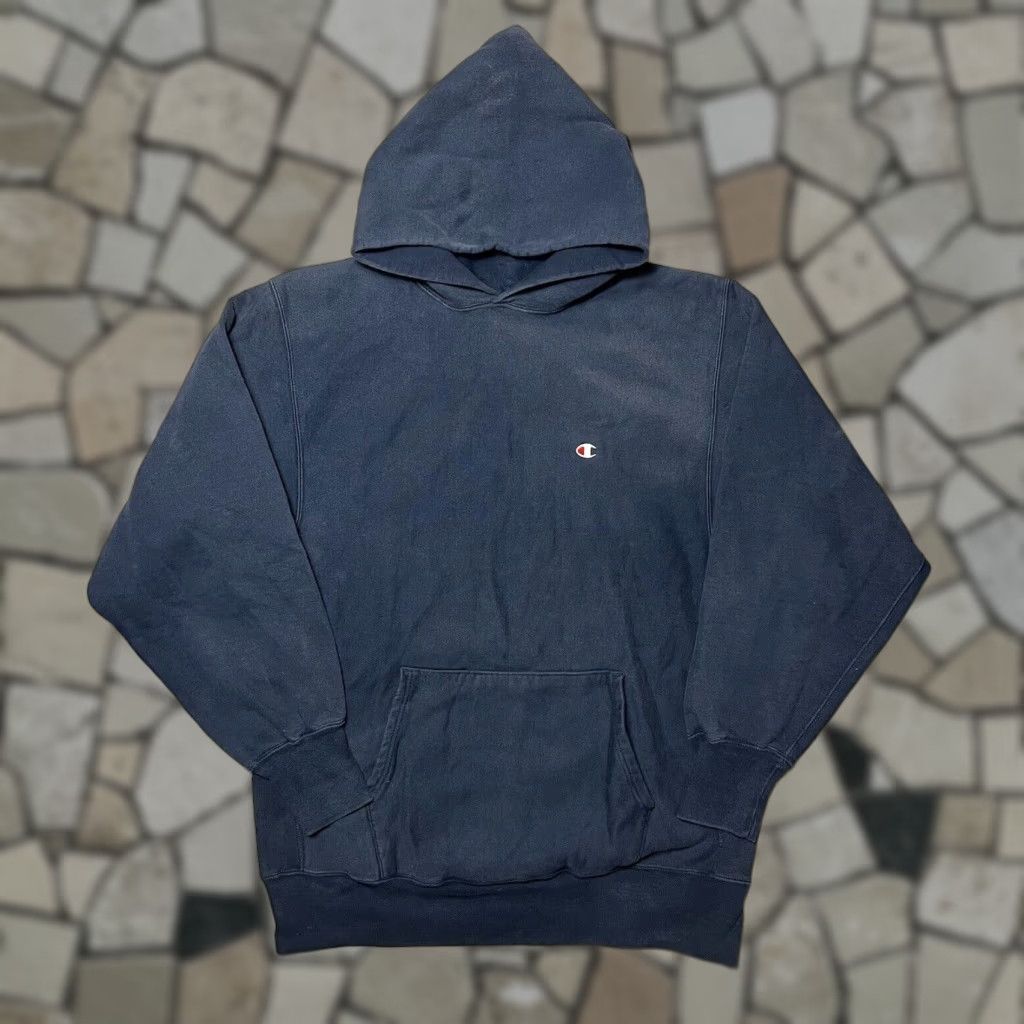 VINTAGE Champion Reverse Weave Navy Sweatshirt Hoodie USA 2XL Men Regular Heavyweight Knit Crew Neck Pullover Long Sleeve Blue Vintage 80s USA Theme