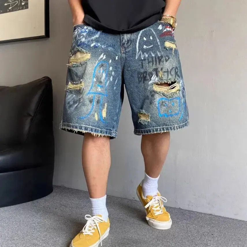 Japanese Brand Retro hand-painted graffiti printed denim shorts Size US 32 / EU 48 - 6 Thumbnail