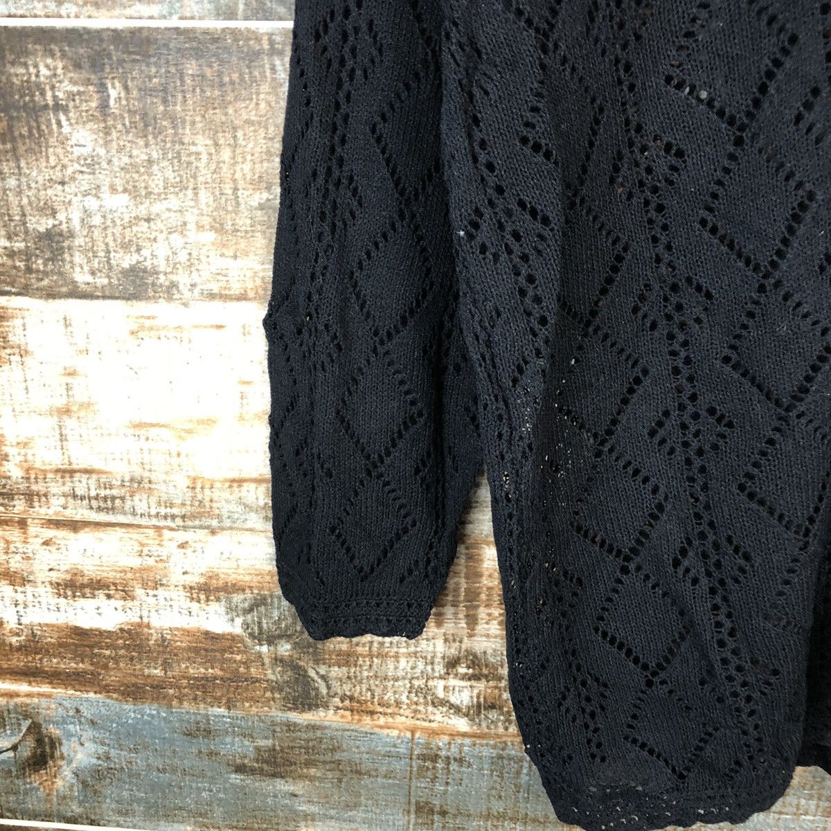 Homespun Knitwear × Japanese Brand Blue Mountain Black crochet meshnet Cardigan Knitwear #A1644 Size L / US 10 / IT 46 - 7 Thumbnail