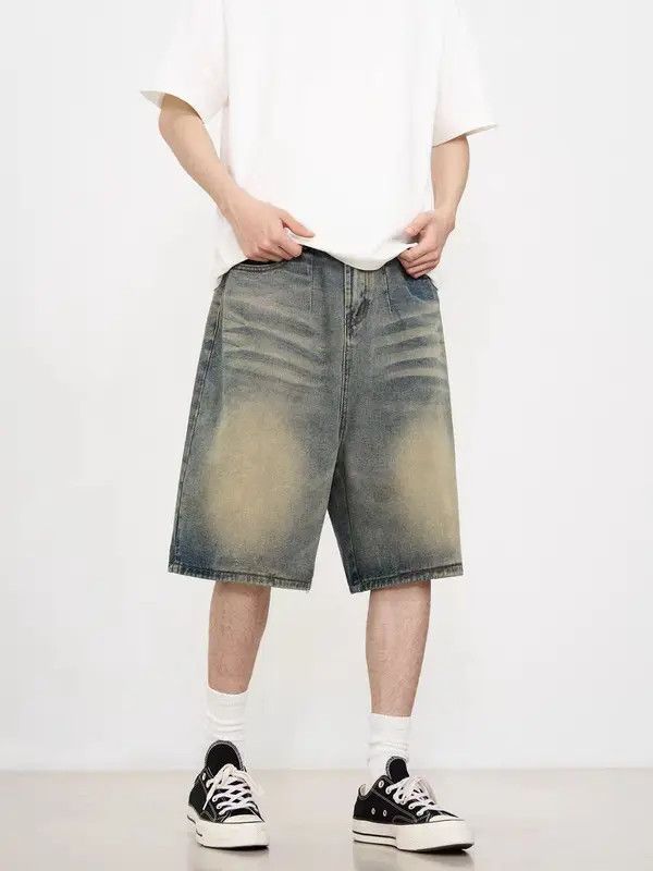 Japanese Brand VIBE Retro washed yellow mud baggy denim shorts Size US 33 - 4 Thumbnail