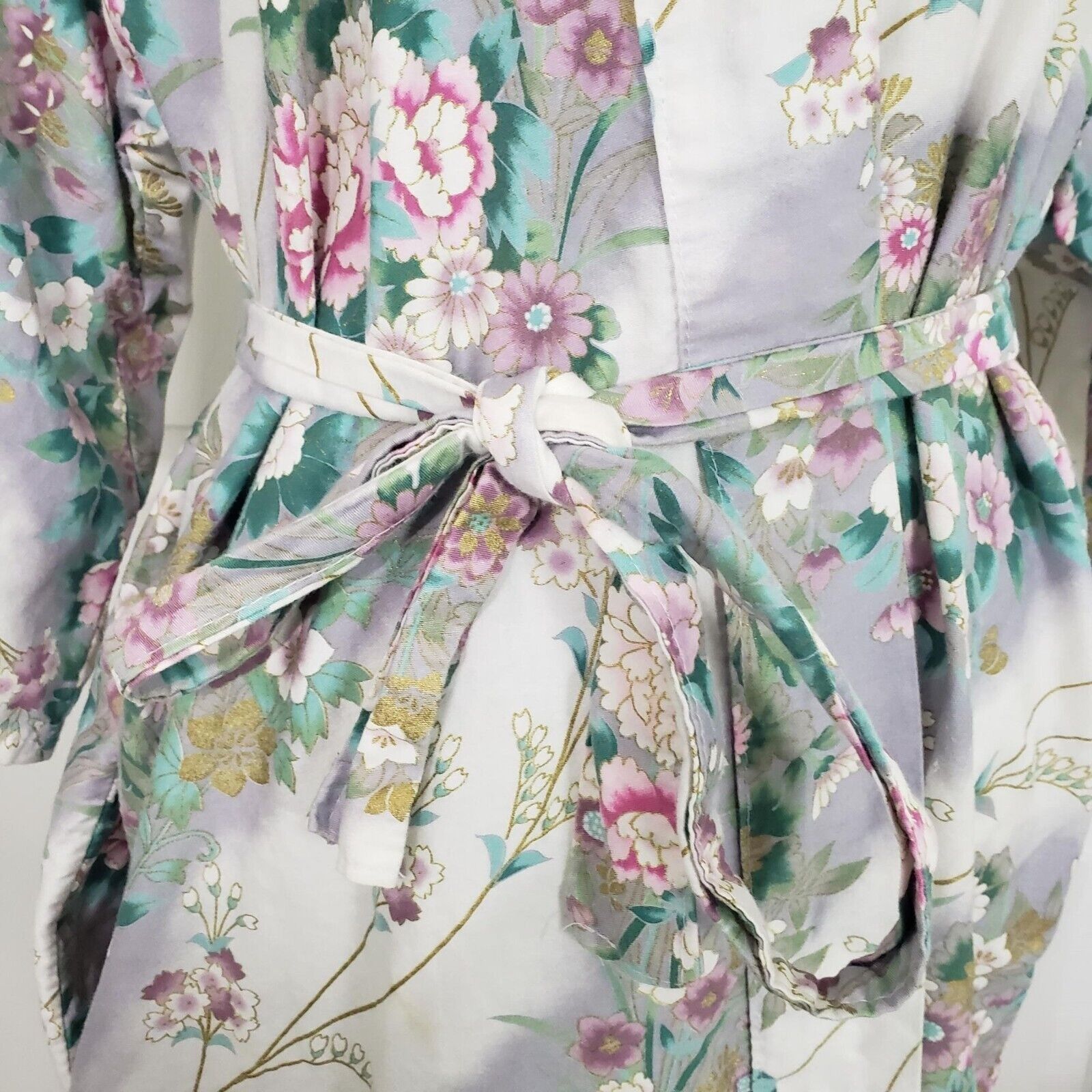 Designer Japanese Floral Robe Womens Size Medium Kimono Cotton Belted Size M / US 6-8 / IT 42-44 - 3 Thumbnail