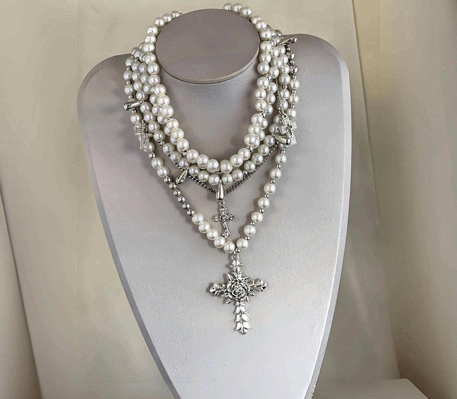 Jewelry White Pearl Cross Charm Layered Necklace, Gothic Jewelry Size ONE SIZE - 1 Thumbnail