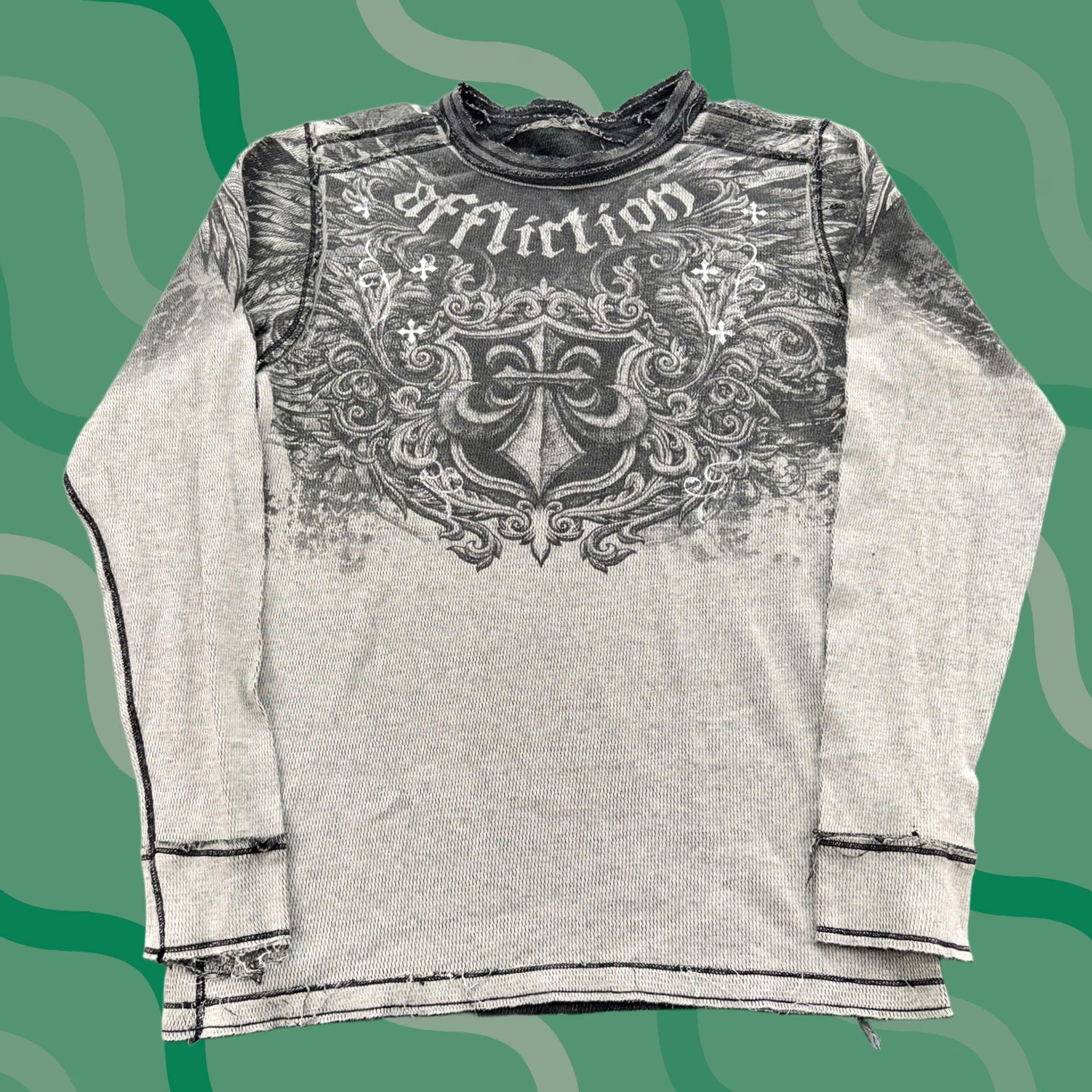 Affliction Affliction Shirt Mens Medium Gray Long Sleeve Distressed Graphic MMA Style Crew Neck Graphic Print Skull Cross Vintage: No Size US M / EU 48-50 / 2 - 1 Thumbnail