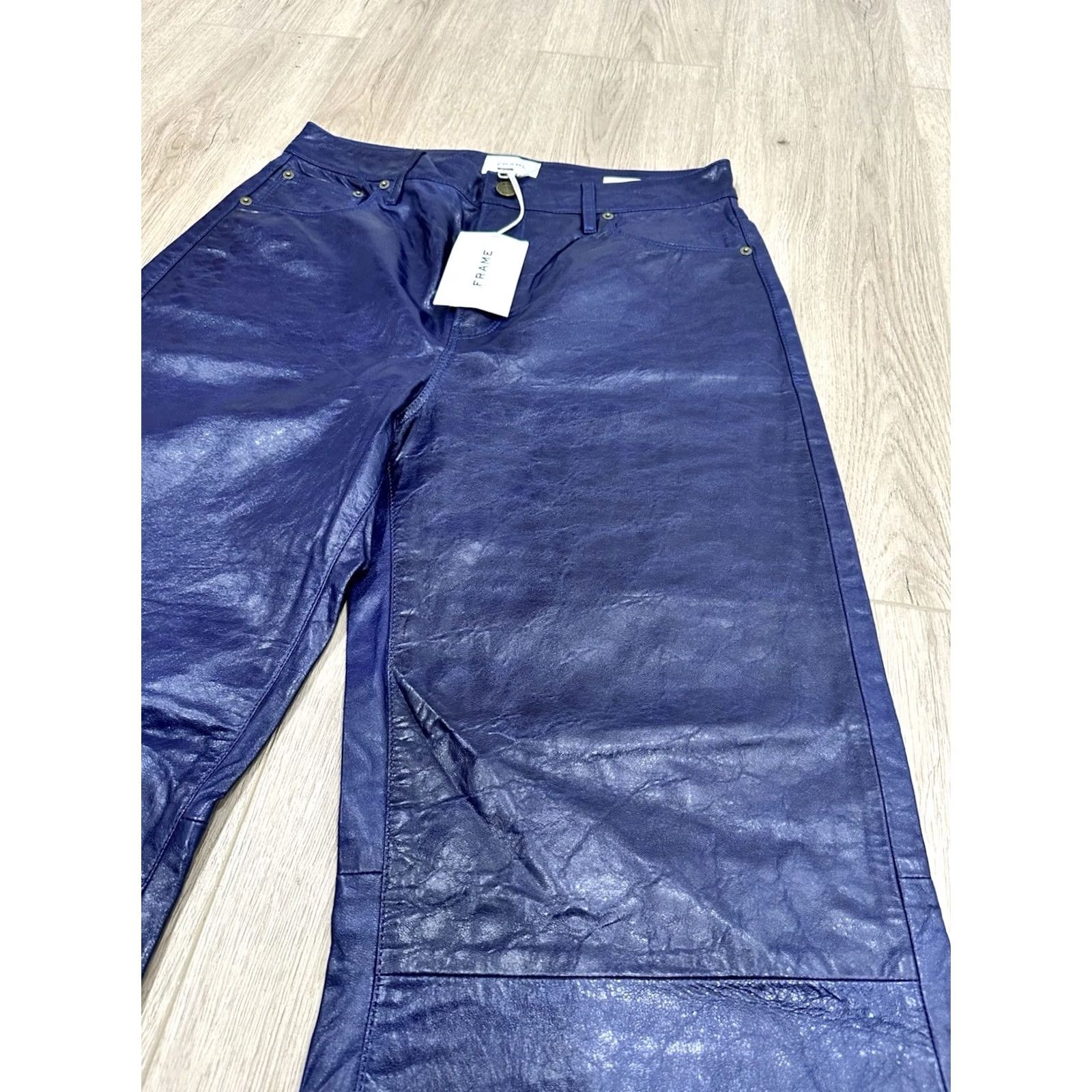 Frame VINTAGE NWT Frame Women's Blue Le Palazzo High-Rise Crinkle Leather Wide-Leg Pants 30 Size 30" / US 8 / IT 44 - 5 Thumbnail