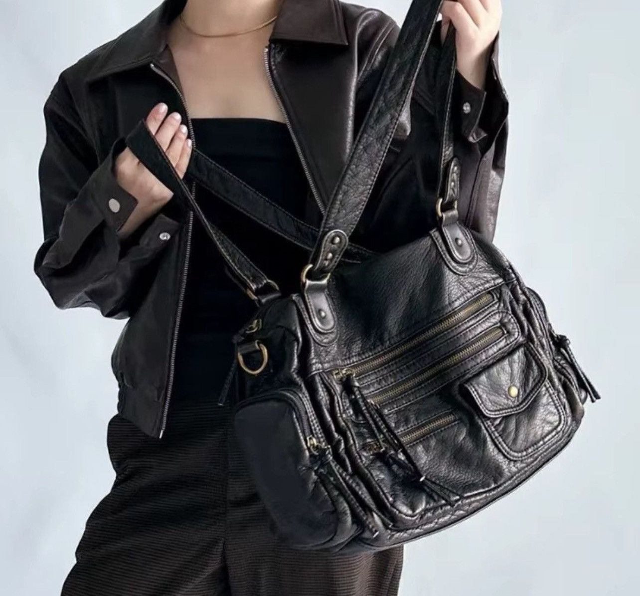 Leather Ladies' Vintage Multi-Zipper Motorcycle Tote Bag Size ONE SIZE - 2 Thumbnail