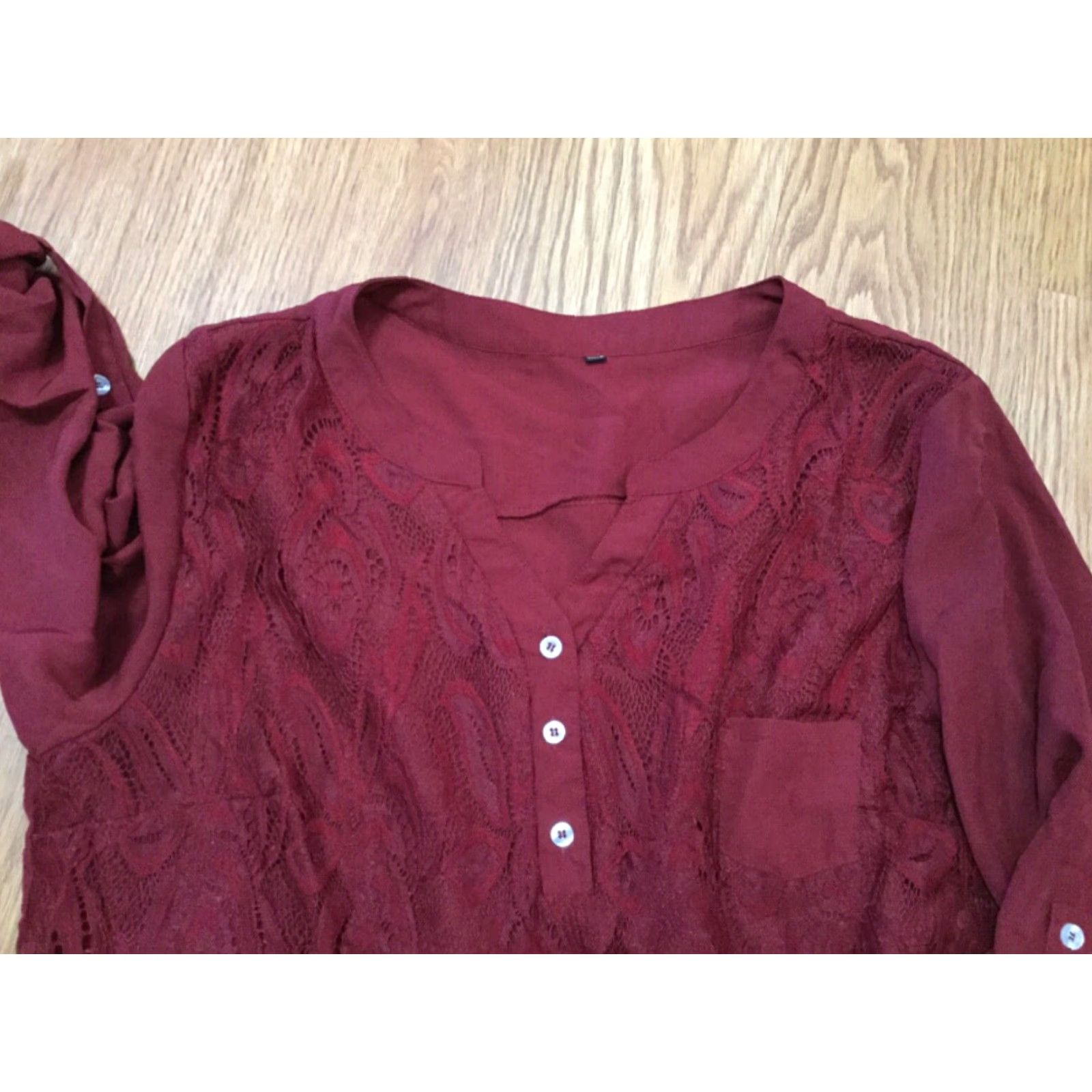 Vintage VINTAGE Plus Size Burgundy Shirt Women 2XL Casual Collared 3/4 Sleeve Lace Front Button Fitted Back Size XXL / US 16-18 / IT 52-54 - 4 Thumbnail