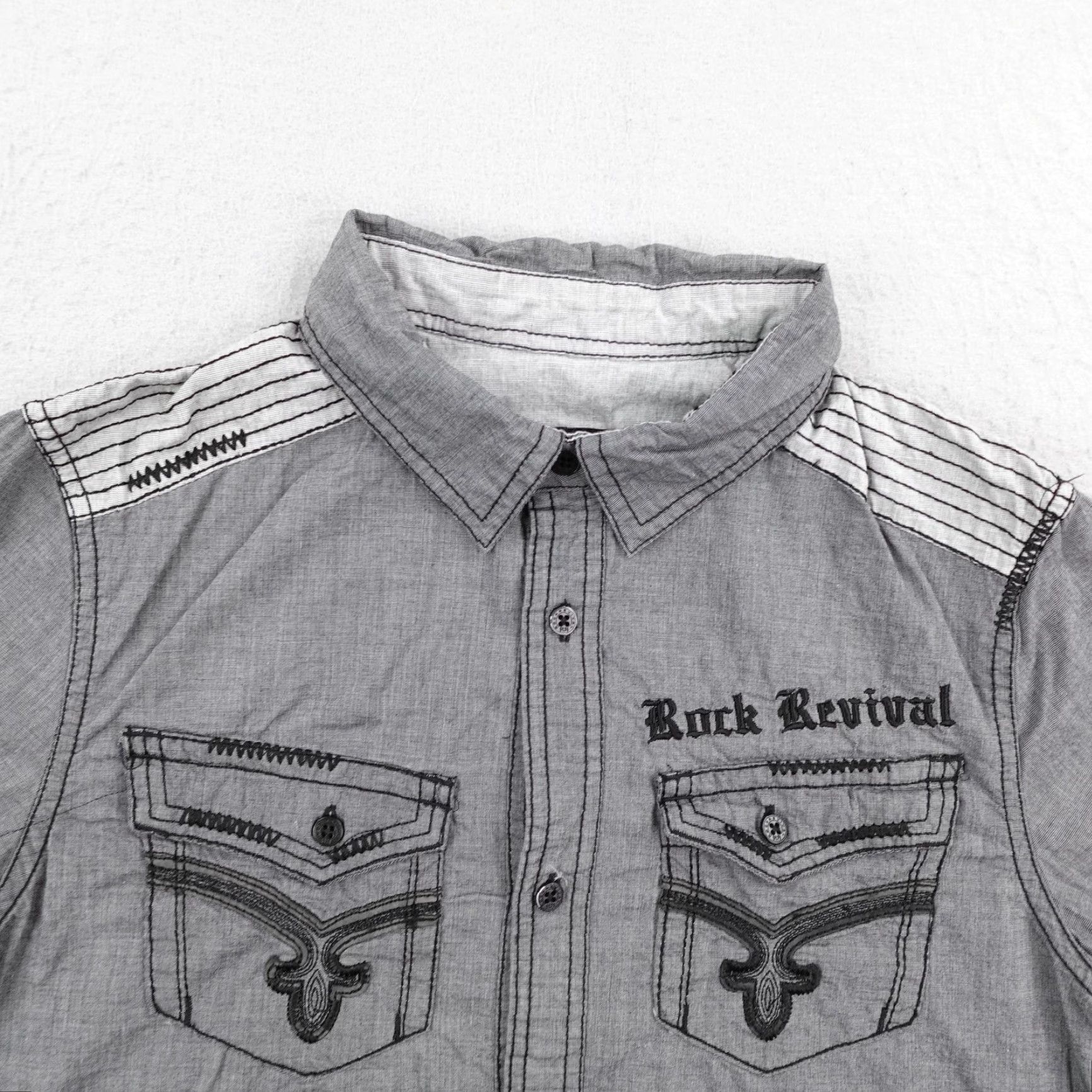 Vintage Rock Revival Shirt Mens Small Gray Button-Up Short Sleeve Embroidered Roll Tab Size US S / EU 44-46 / 1 - 2 Thumbnail