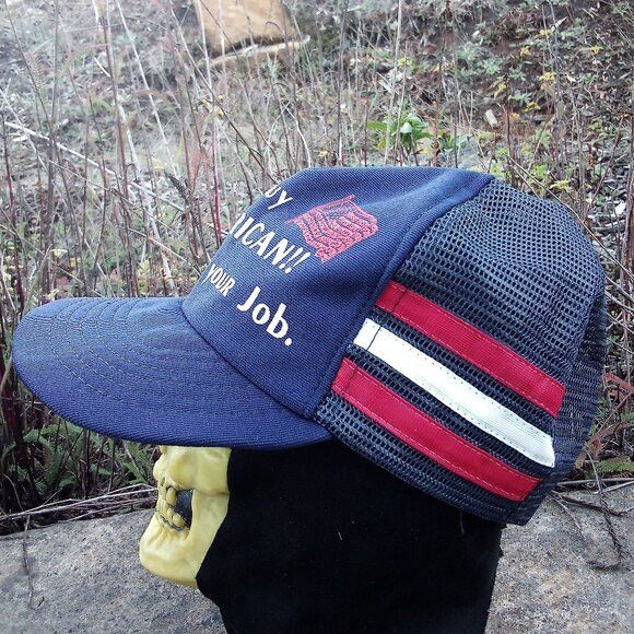 Vintage Vintage Buy American Keep Your Job Three Stripe Trucker Hat Size ONE SIZE - 2 Thumbnail