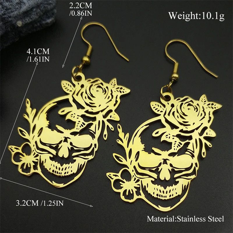 Jewelry Gothic Skull Rose Flower Drop Earrings Jewelry Gift Size ONE SIZE - 2 Thumbnail