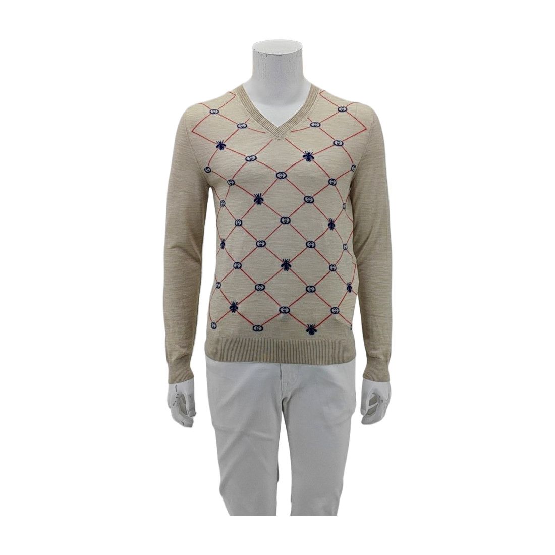 Gucci Gucci GG Bee Pattern Wool V-Neck Sweater XS Size US XS / EU 42 / 0 - 1 Thumbnail