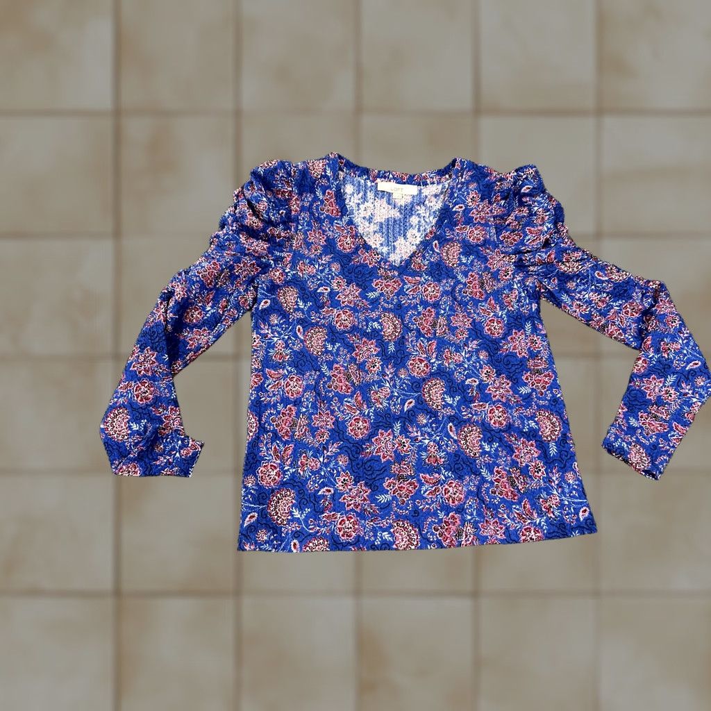 Ann Taylor Ann Taylor Loft Blouse Women's Regular M Blue Floral Long Sleeve Lightweight Polyester Spandex Rayon Button Casual Spring Summer Breathable Size M / US 6-8 / IT 42-44 - 1 Thumbnail