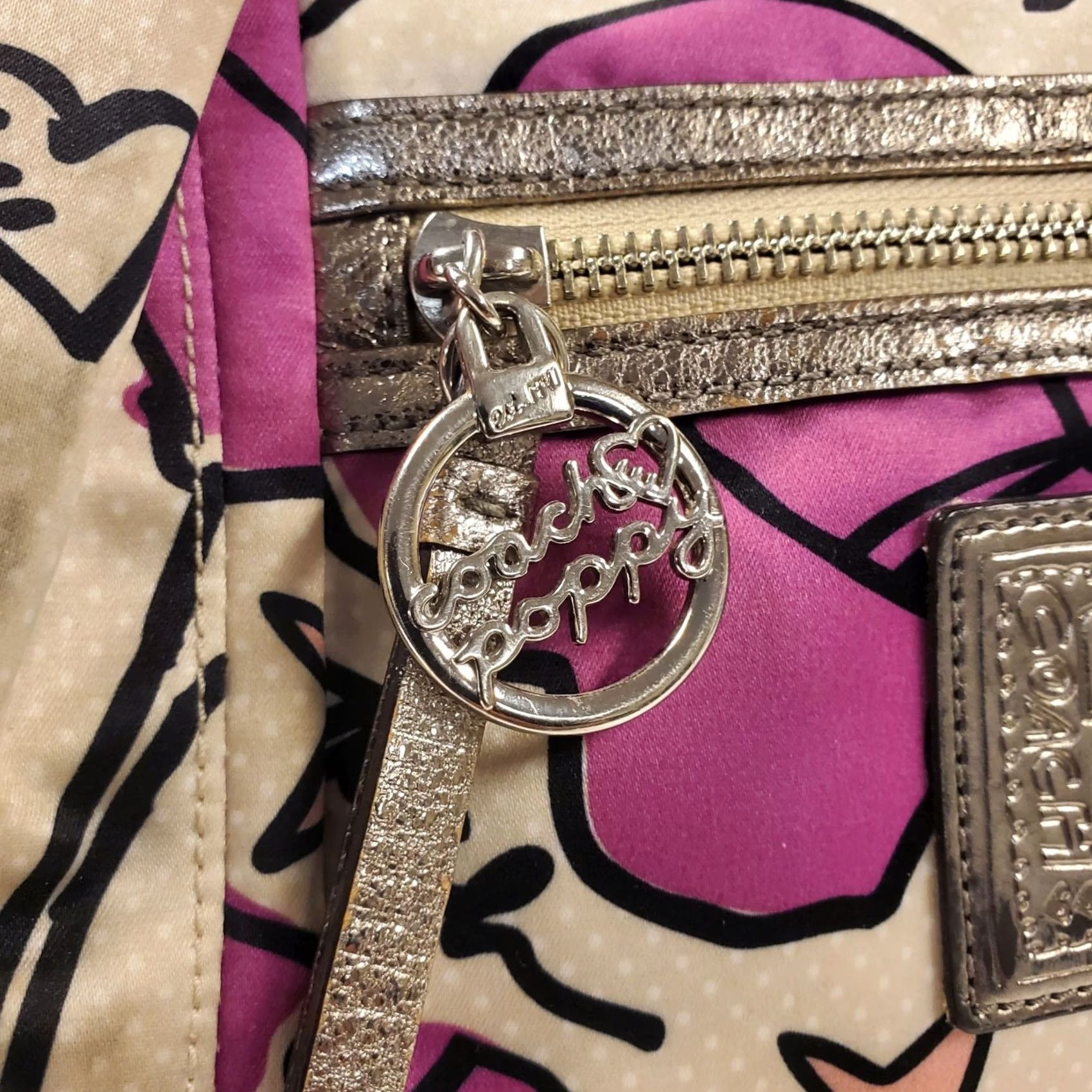 Coach Poppy Handbag Beige Pink Floral Graffiti Graphic Medium 