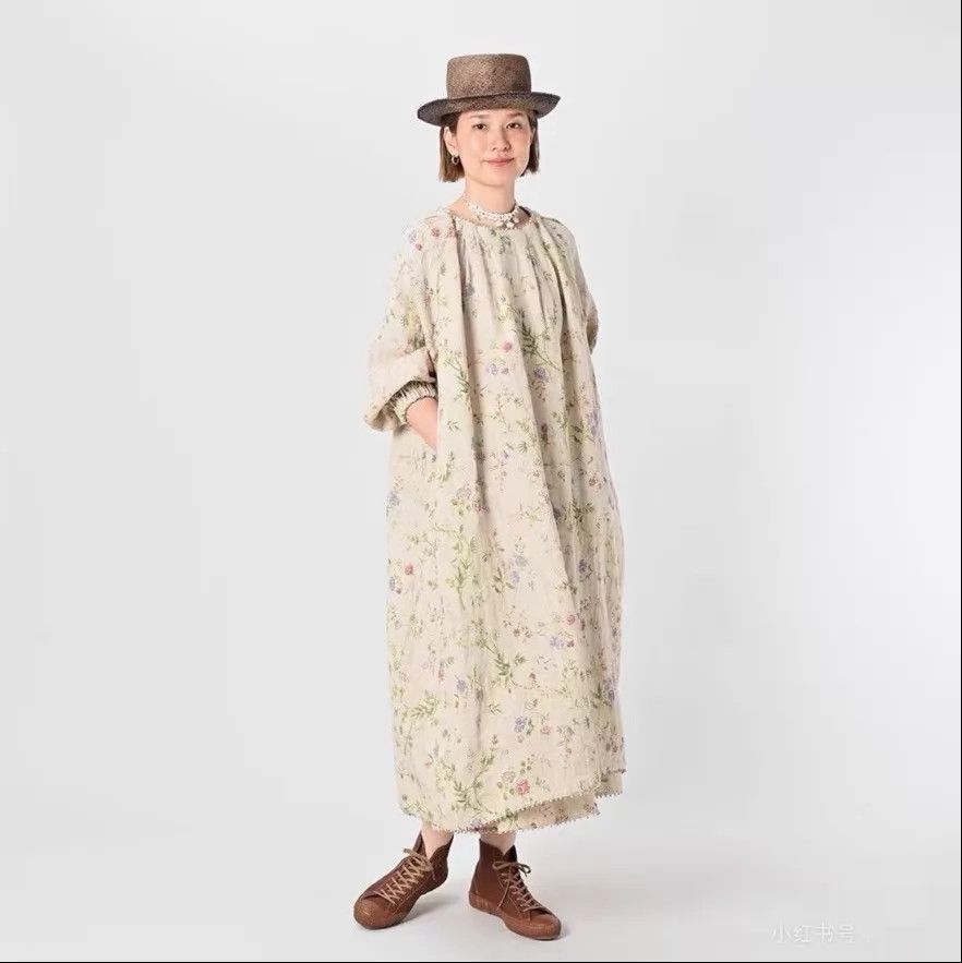 45rpm 45r Beige Linen-Cotton Elegant Print Dress (New, One-Size) Size ONE SIZE - 1 Thumbnail