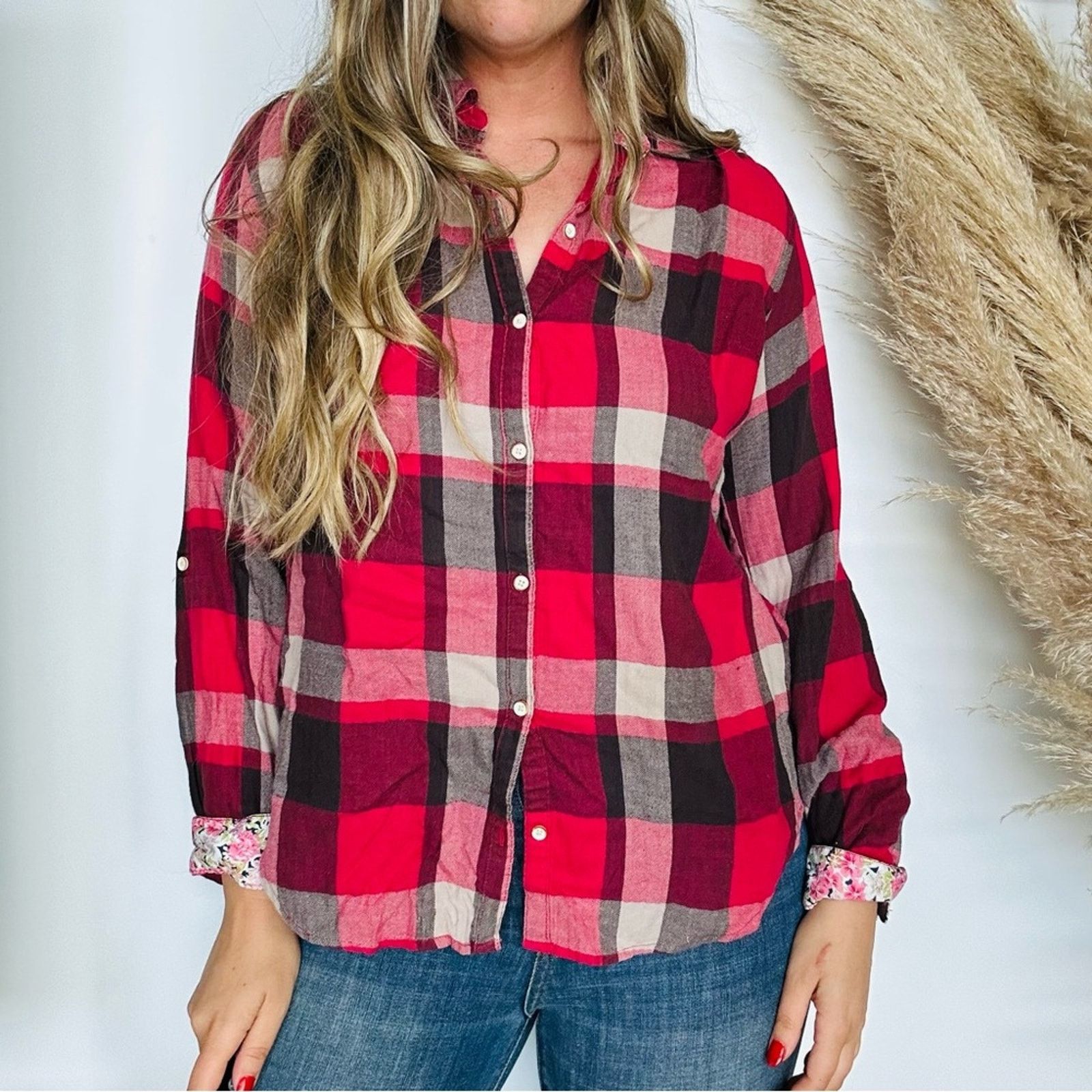Anthropologie ANTHROPOLOGIE Red Black Plaid Lace Button Shirt Blouse Top Size M / US 6-8 / IT 42-44 - 3 Thumbnail