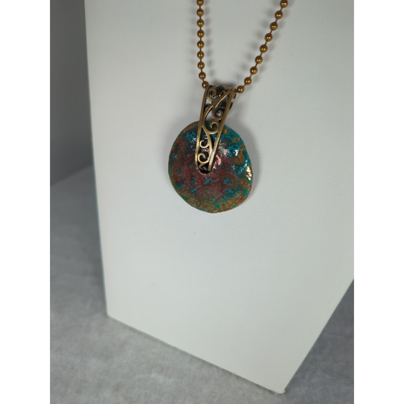 Designer Raku donut pendant+17 ball chain handmade artisan brass Size ONE SIZE - 6 Thumbnail