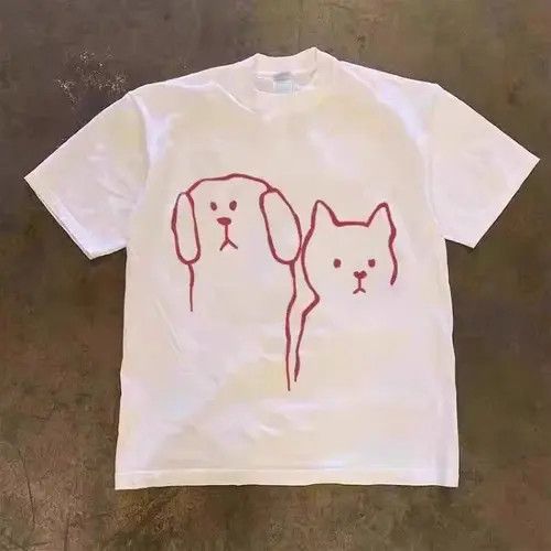 VIBE White Loose Cat and Dog Printed Short Sleeve T-Shirt Size US M / EU 48-50 / 2 - 1 Thumbnail