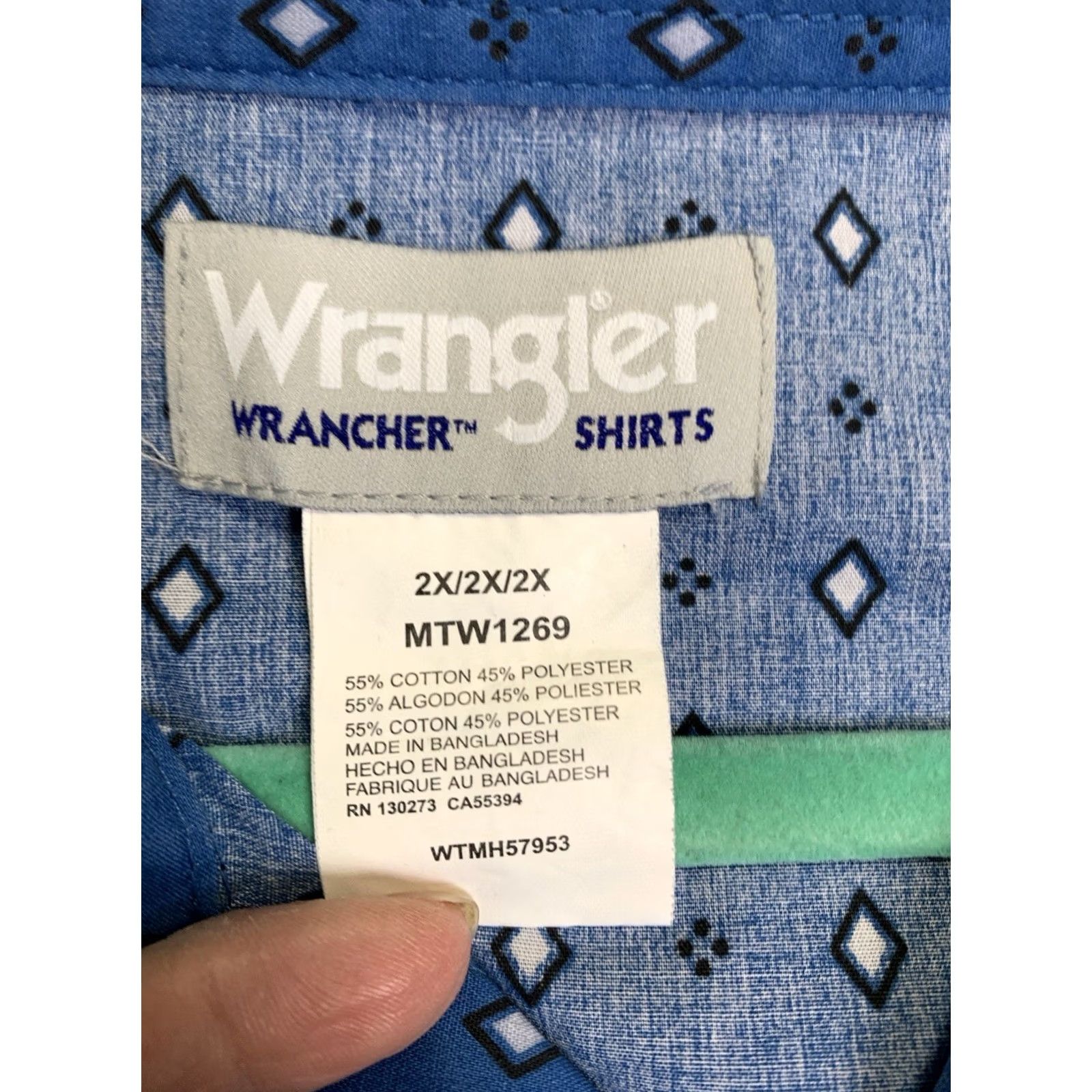 Wrangler Wrangler Shirt Men 2XL Blue Diamond Geometric Pearl Snap Wrancher Cowboy Ranch Shirt Size US XXL / EU 58 / 5 - 3 Thumbnail
